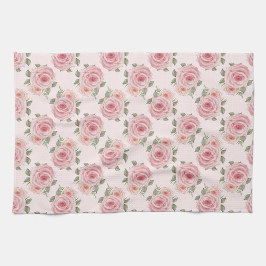 ヴィンテージピンクのローズガーデンコテージの花の模様 キッチンタオル (横)
