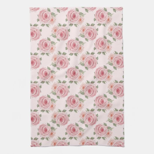 ヴィンテージピンクのローズガーデンコテージの花の模様 キッチンタオル (縦)