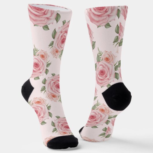 ヴィンテージピンクのローズガーデンコテージの花の模様 ソックス (傾斜あり)