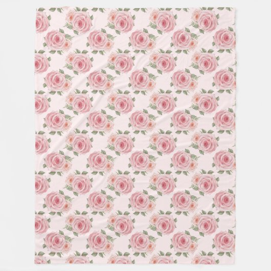 ヴィンテージピンクのローズガーデンコテージの花の模様 フリースブランケット (正面)