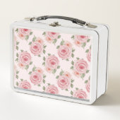 ヴィンテージピンクのローズガーデンコテージの花の模様 メタルランチボックス (正面)