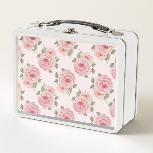 ヴィンテージピンクのローズガーデンコテージの花の模様 メタルランチボックス (正面)