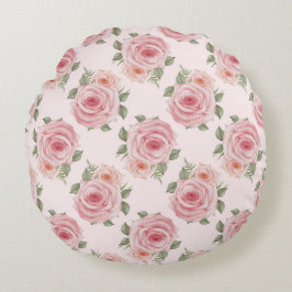 ヴィンテージピンクのローズガーデンコテージの花の模様 ラウンドクッション