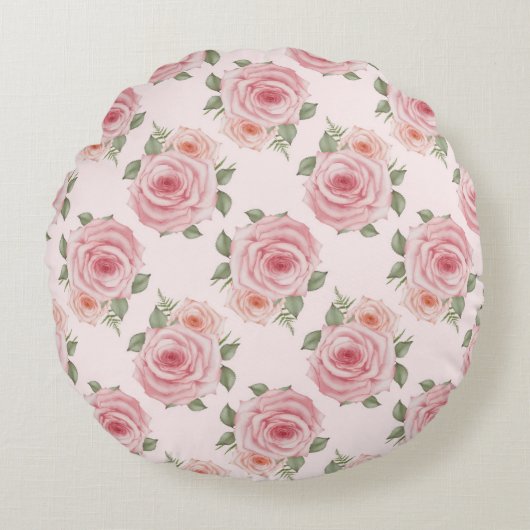 ヴィンテージピンクのローズガーデンコテージの花の模様 ラウンドクッション (正面)
