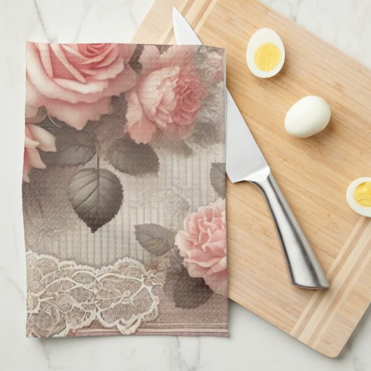 ヴィンテージピンクのローズフローラとレース キッチンタオル (四つ折り)