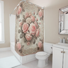 ヴィンテージピンクのローズフローラとレース シャワーカーテン