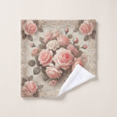 ヴィンテージピンクのローズフローラとレース バスタオルセット (ウォッシュタオル)