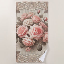 ヴィンテージピンクのローズフローラとレース ビーチタオル