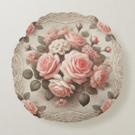 ヴィンテージピンクのローズフローラとレース ラウンドクッション