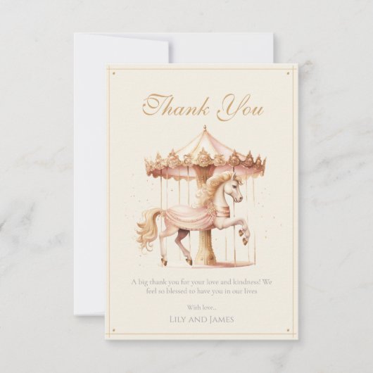 ヴィンテージピンクの回転木馬馬の水の色ベビーシャワー サンキューカード (正面)