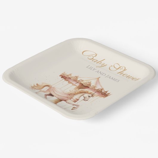 ヴィンテージピンクの回転木馬馬の水の色ベビーシャワー ペーパープレート (傾斜あり)