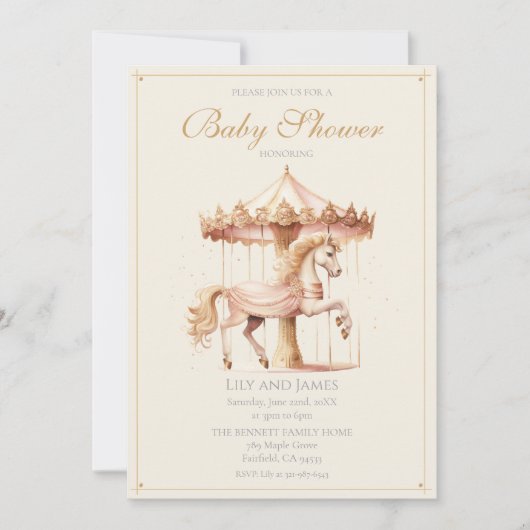 ヴィンテージピンクの回転木馬馬の水の色ベビーシャワー 招待状 (正面)