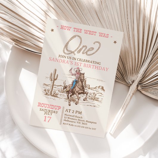 ヴィンテージピンクの女性のカーボーイどのように西1の誕生日 招待状