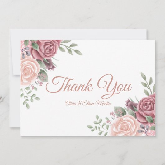 ヴィンテージピンクの水彩フローラ サンキューカード (正面)