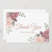 ヴィンテージピンクの水彩フローラ サンキューカード (正面/裏面)
