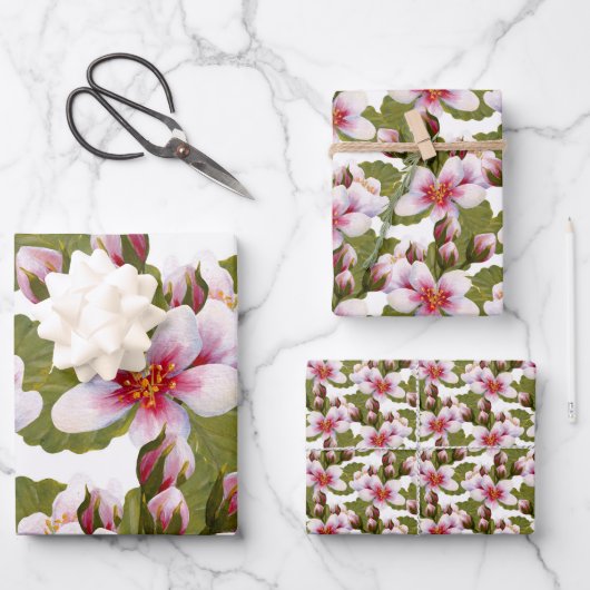 ヴィンテージピンクの水彩フローラ ラッピングペーパーシート (正面)