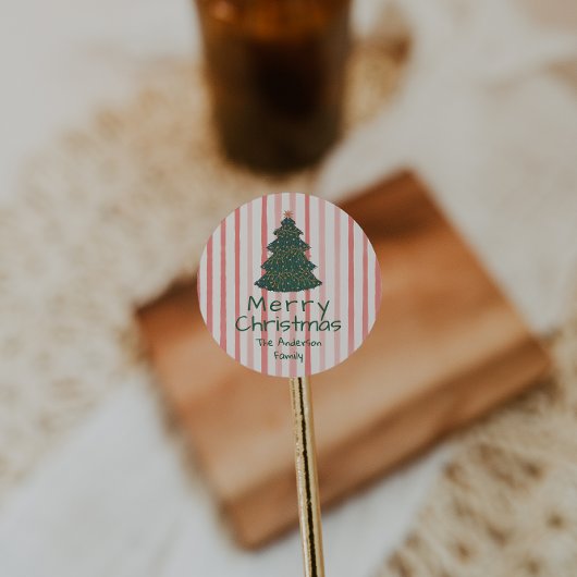 ヴィンテージピンクの緑の手で描かれたクリスマスツリー ラウンドシール