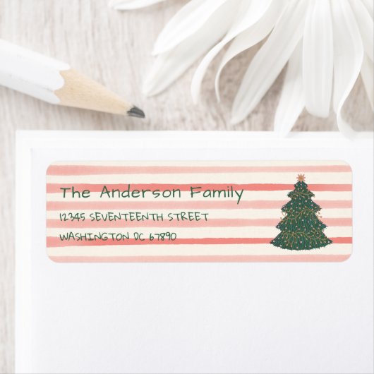 ヴィンテージピンクの緑の手で描かれたクリスマスツリー ラベル (インサイチュ)