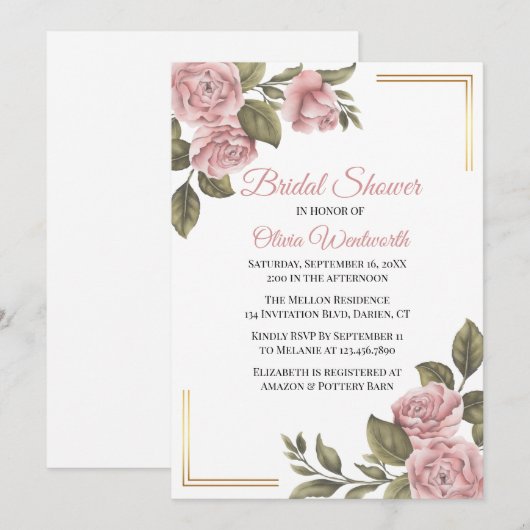 ヴィンテージピンクの芍薬 エレガントな花の ブライダルシャワー 招待状 (正面/裏面)