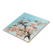 ヴィンテージピンクの花とバードライトブルー タイル (側面)