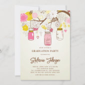 ヴィンテージピンクの花とメイスンジャー卒業 招待状 (正面)