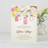 ヴィンテージピンクの花とメイスンジャー卒業 招待状 (スタンド正面)