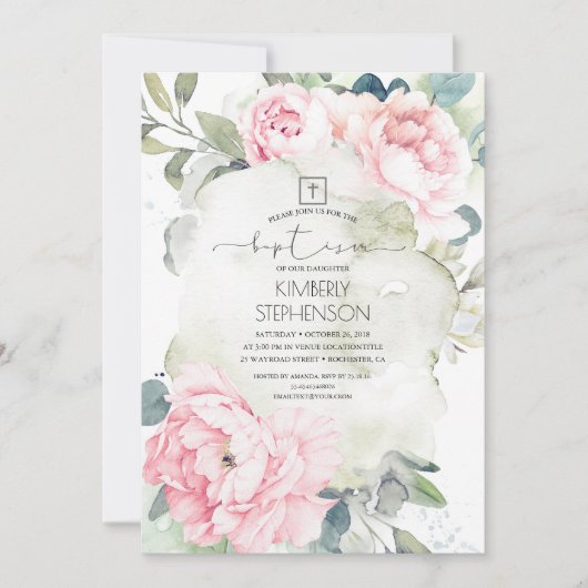 ヴィンテージピンクの花と緑のバプテスマ 招待状 (正面)