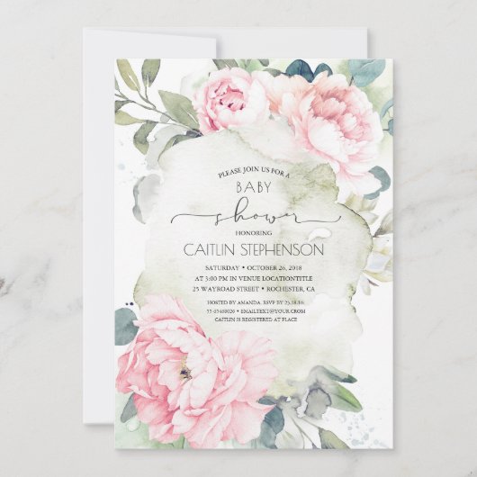 ヴィンテージピンクの花と緑の赤ちゃんシャワー 招待状 (正面)