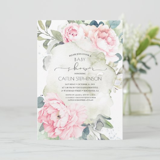 ヴィンテージピンクの花と緑の赤ちゃんシャワー 招待状 (スタンド正面)