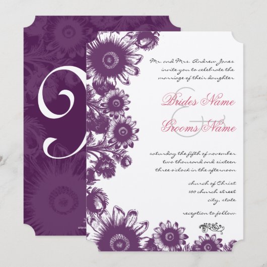 ヴィンテージピンクの花の結婚式招待状 招待状 (正面/裏面)