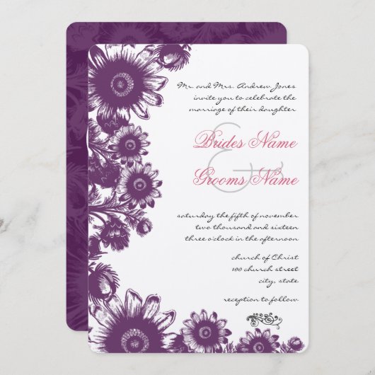 ヴィンテージピンクの花の結婚式招待状 招待状 (正面/裏面)