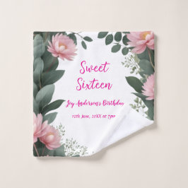 ヴィンテージピンクの花グリーンユーカリ16歳の誕生日 ウォッシュタオル