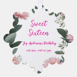 ヴィンテージピンクの花グリーンユーカリ16歳の誕生日 オーナメントカード