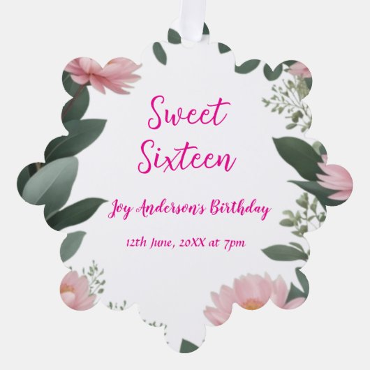 ヴィンテージピンクの花グリーンユーカリ16歳の誕生日 オーナメントカード (正面)