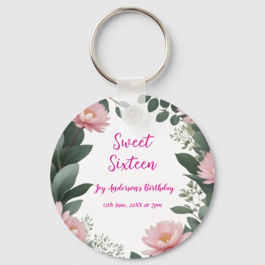 ヴィンテージピンクの花グリーンユーカリ16歳の誕生日 キーホルダー (正面)