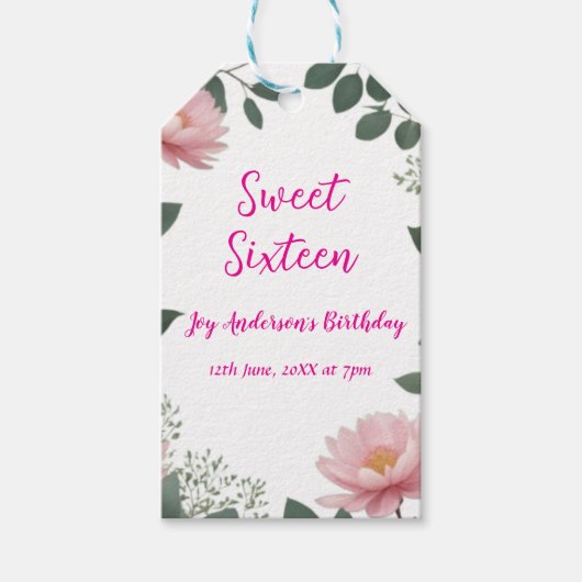 ヴィンテージピンクの花グリーンユーカリ16歳の誕生日 ギフトタグ (正面)