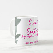 ヴィンテージピンクの花グリーンユーカリ16歳の誕生日 コーヒーマグカップ (正面左)