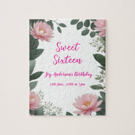 ヴィンテージピンクの花グリーンユーカリ16歳の誕生日 ジグソーパズル