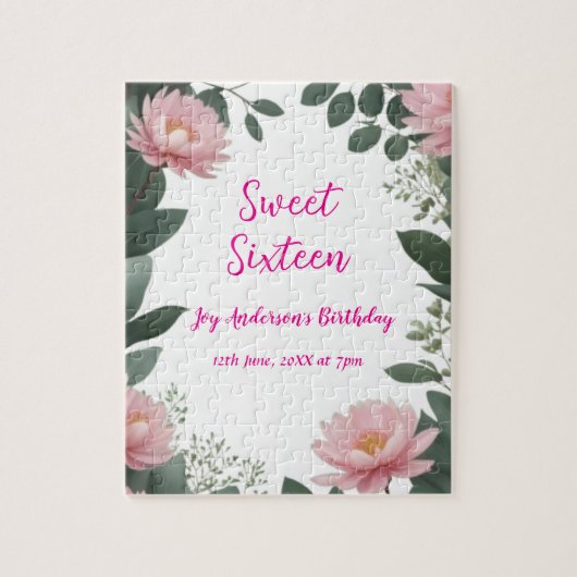 ヴィンテージピンクの花グリーンユーカリ16歳の誕生日 ジグソーパズル (縦)