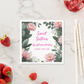 ヴィンテージピンクの花グリーンユーカリ16歳の誕生日 スタンダードカクテルナプキン (インサイチュ)