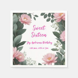 ヴィンテージピンクの花グリーンユーカリ16歳の誕生日 スタンダードカクテルナプキン