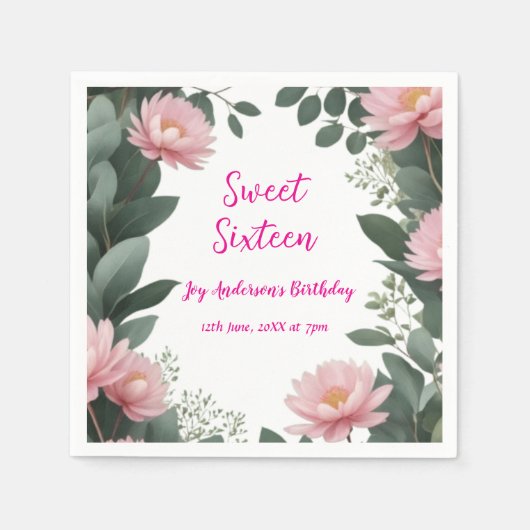 ヴィンテージピンクの花グリーンユーカリ16歳の誕生日 スタンダードカクテルナプキン (正面)