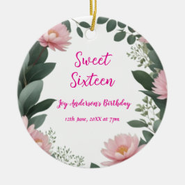 ヴィンテージピンクの花グリーンユーカリ16歳の誕生日 セラミックオーナメント
