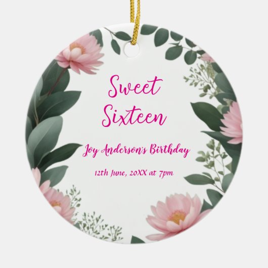 ヴィンテージピンクの花グリーンユーカリ16歳の誕生日 セラミックオーナメント (正面)