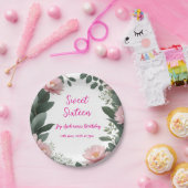 ヴィンテージピンクの花グリーンユーカリ16歳の誕生日 ペーパープレート (パーティー)