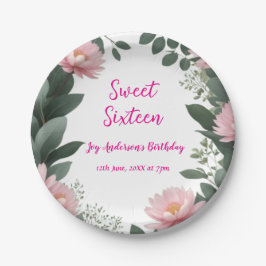 ヴィンテージピンクの花グリーンユーカリ16歳の誕生日 ペーパープレート