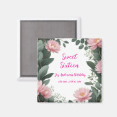 ヴィンテージピンクの花グリーンユーカリ16歳の誕生日 マグネット (正面/裏面)