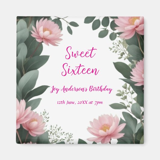 ヴィンテージピンクの花グリーンユーカリ16歳の誕生日 マグネット (正面)