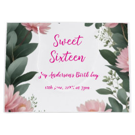 ヴィンテージピンクの花グリーンユーカリ16歳の誕生日 ラージペーパーバッグ
