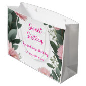 ヴィンテージピンクの花グリーンユーカリ16歳の誕生日 ラージペーパーバッグ (裏面アングル)